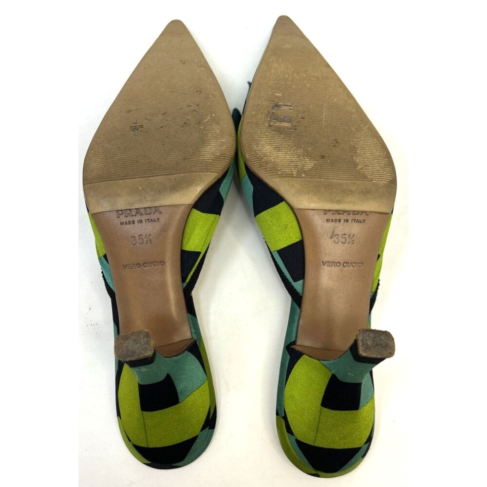 VTG Prada Mules Sz 35.5 Satin Geometric Blue Green Kitten Heels Bow Accent RARE! - Picture 12 of 15